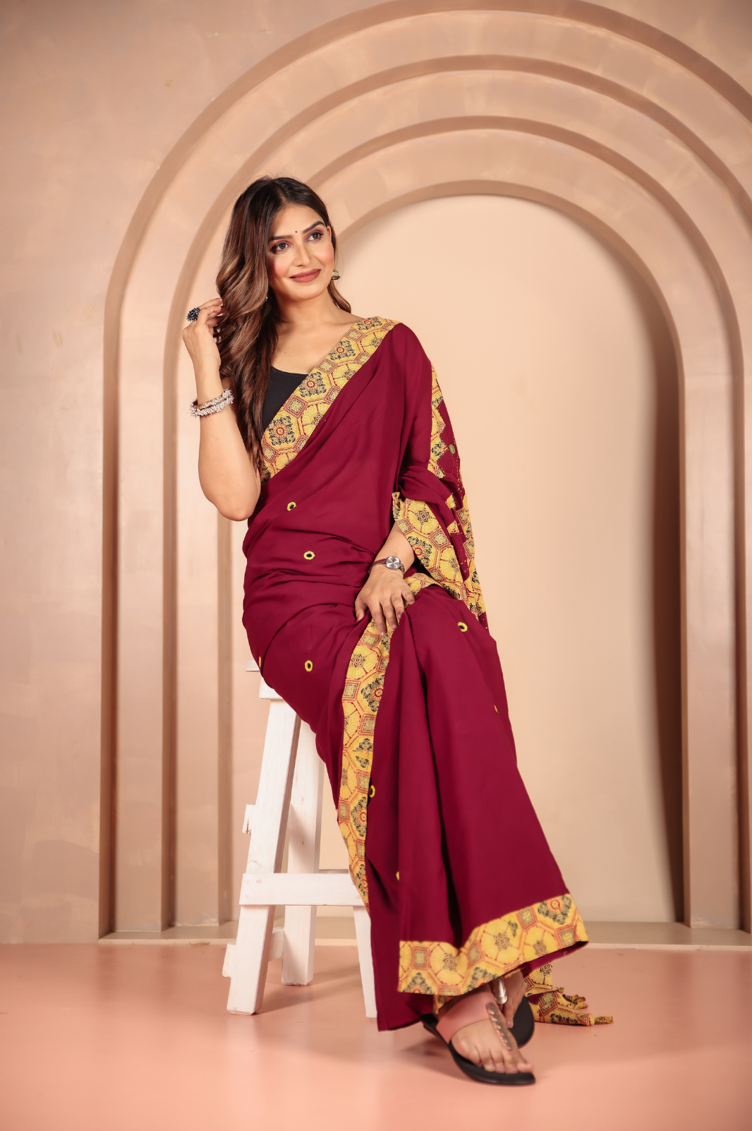 Cotton Applique work saree in Maroon Golden