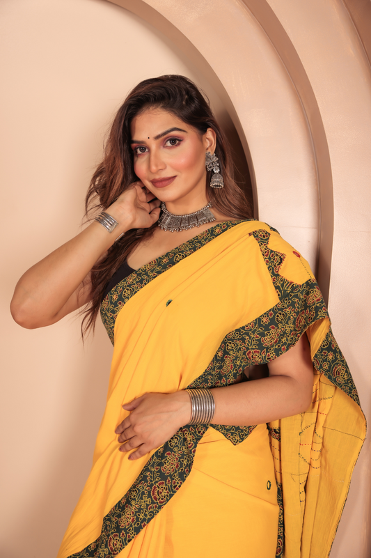 Cotton Applique work saree in yellow and black