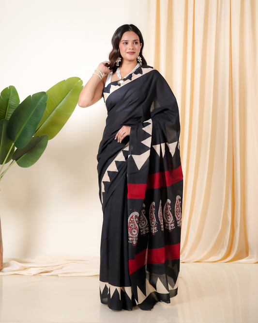 Mudran Black Screenprinted Mulmul Sarees