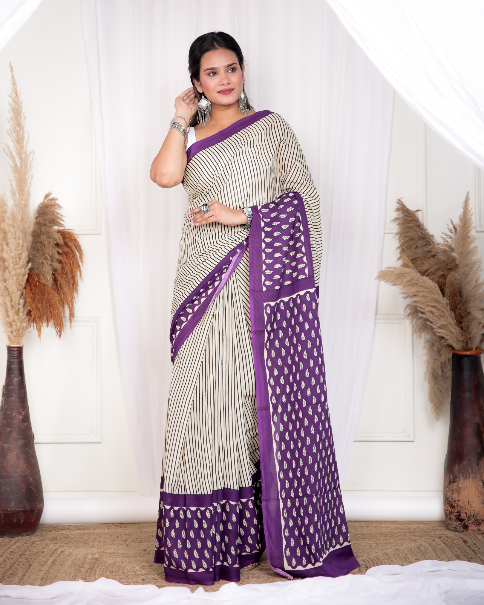 Grey Purple Striped Mulmul Saree