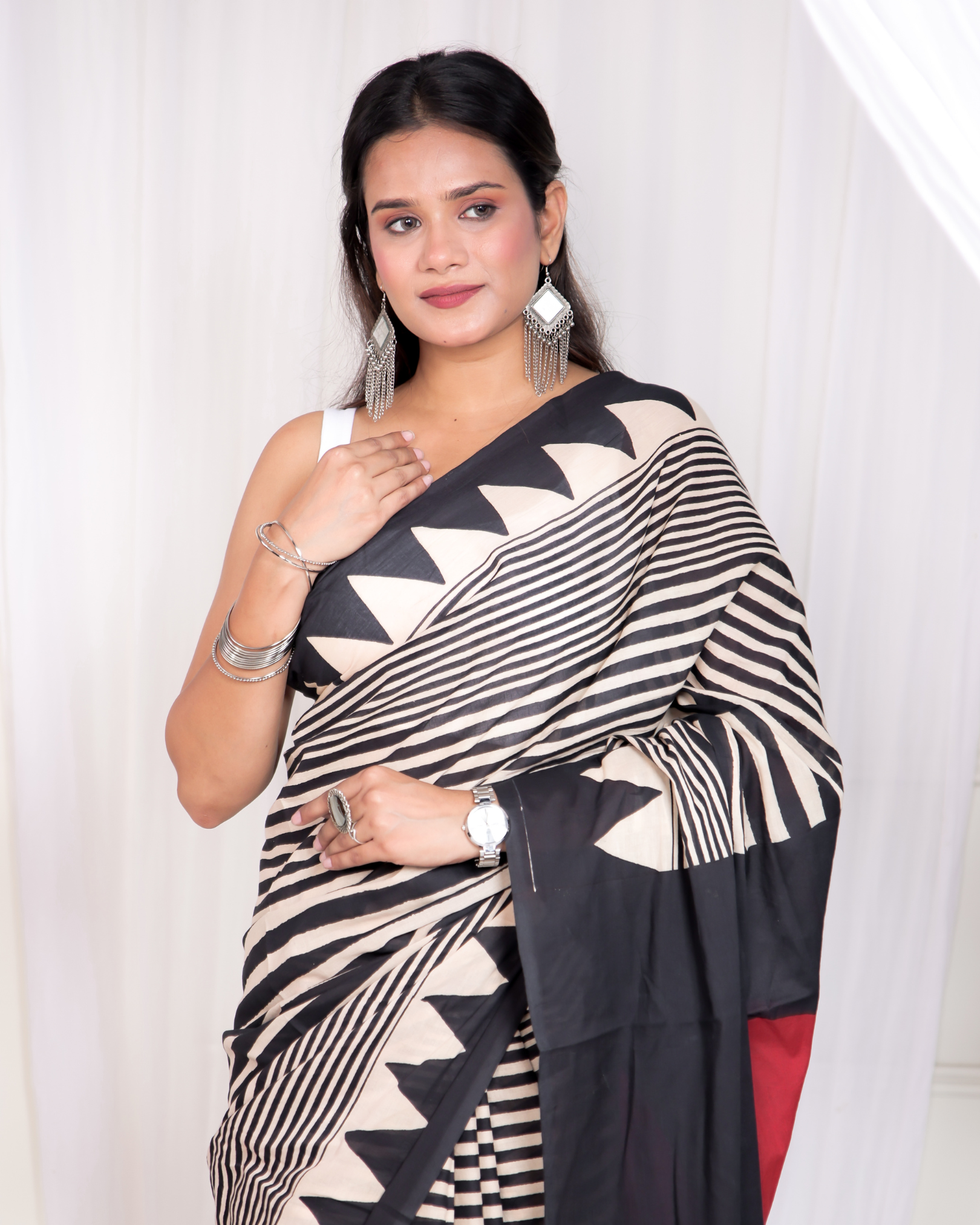 Black Striped Blockpinted Mulmul Saree
