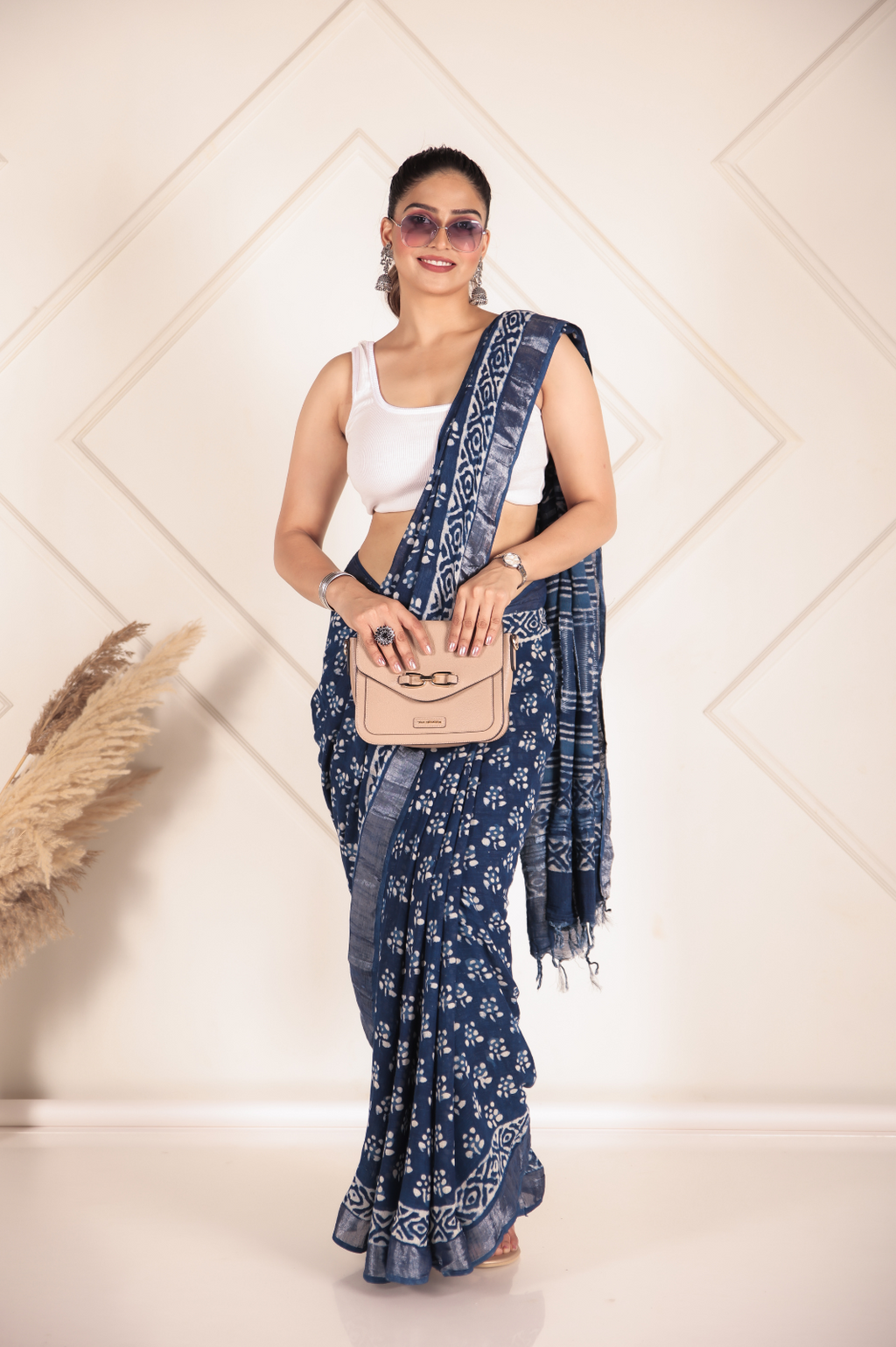 Indigo Flame Linen Cotton Saree