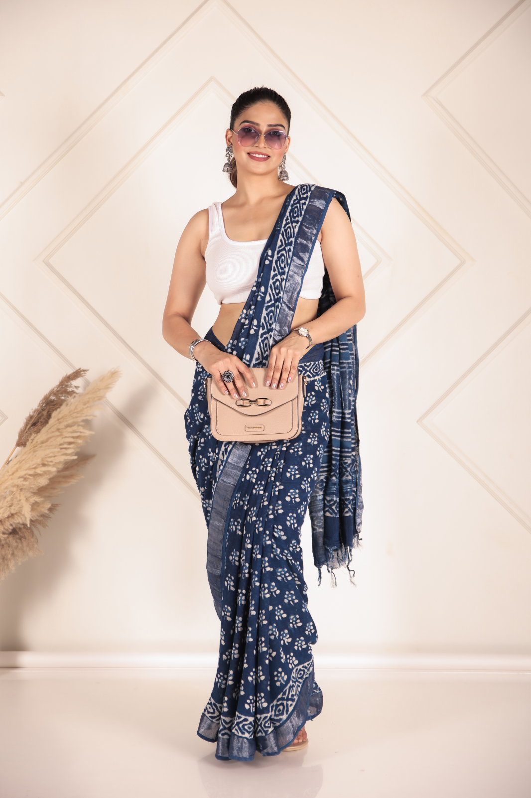 Indigo Flame Linen Cotton Saree