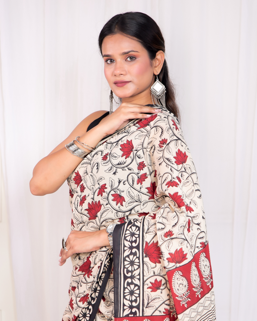 Red Petal Blockprinted Mulmul Saree