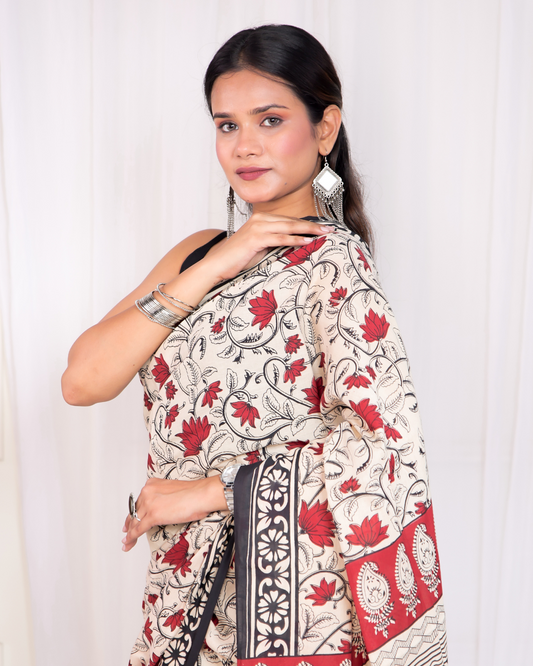 Mudran Red Petal Blockprinted Mulmul Saree