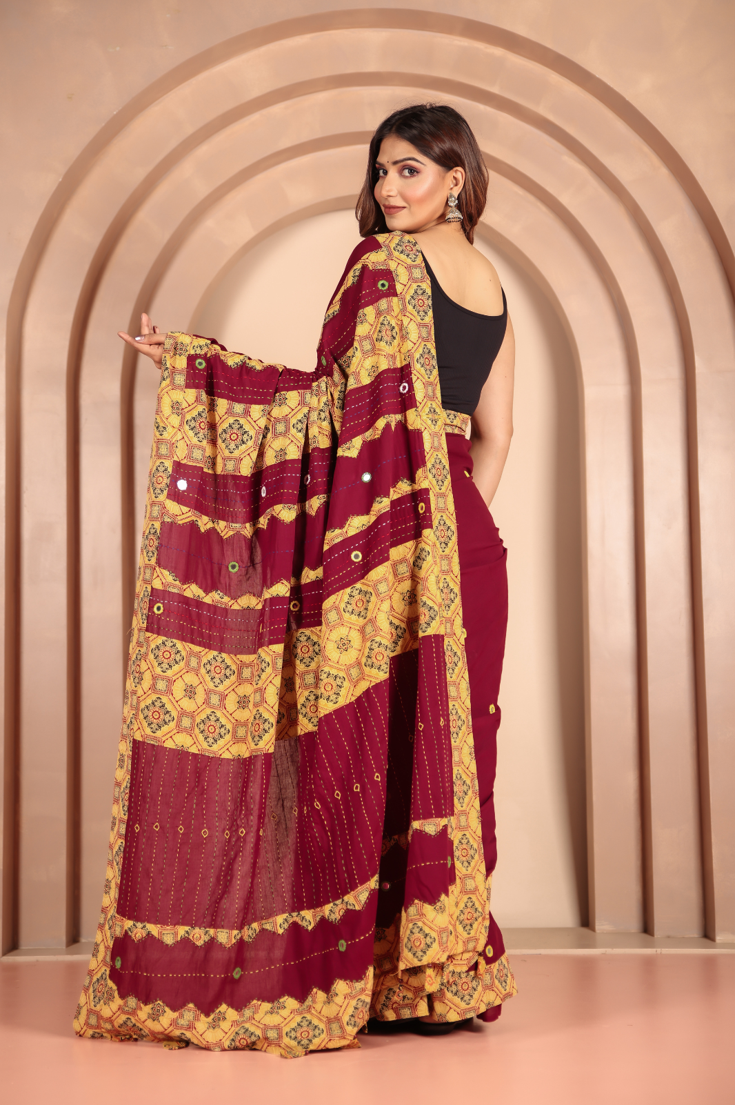 Cotton Applique work saree in Maroon Golden