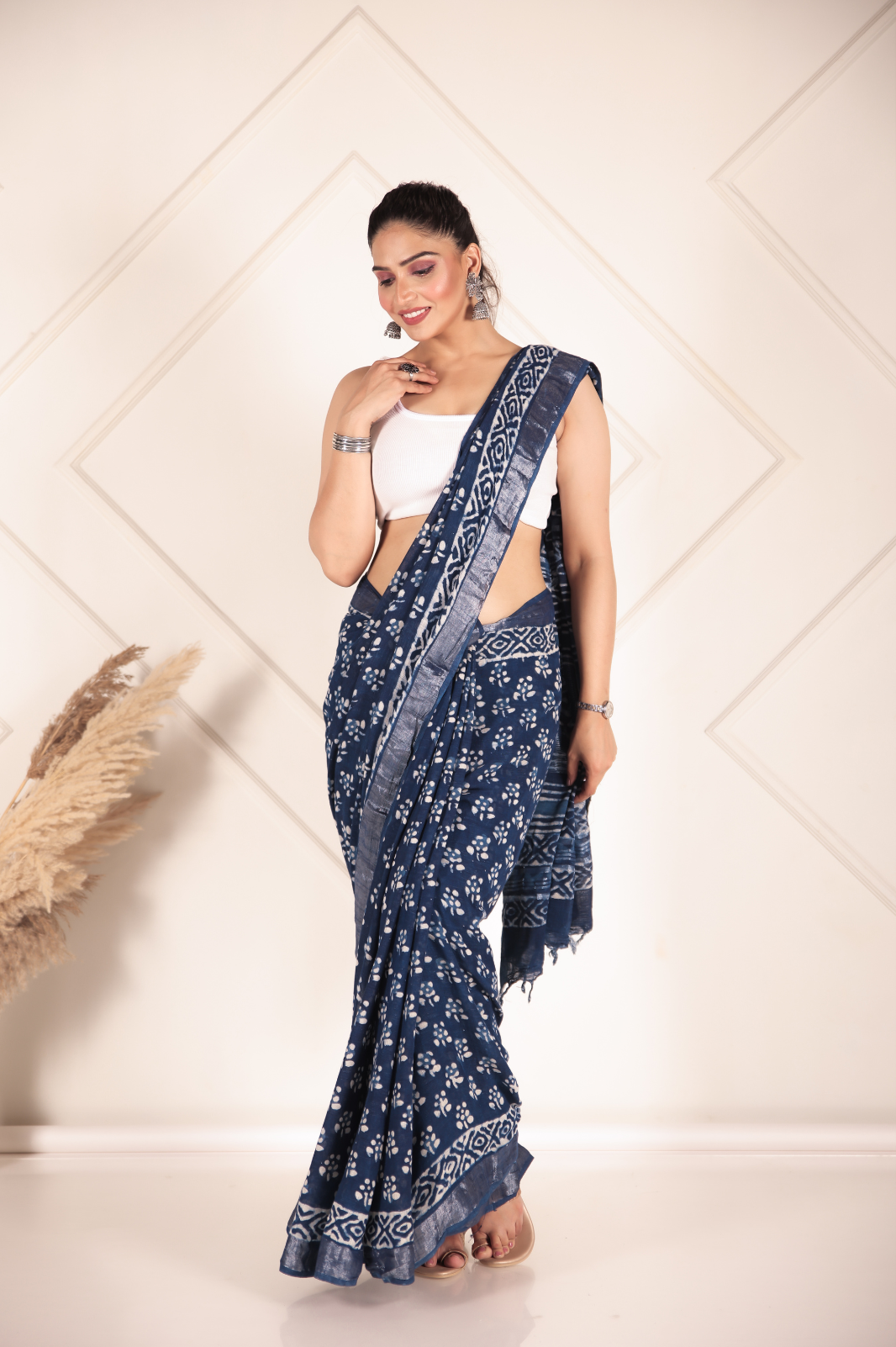 Indigo Flame Linen Cotton Saree