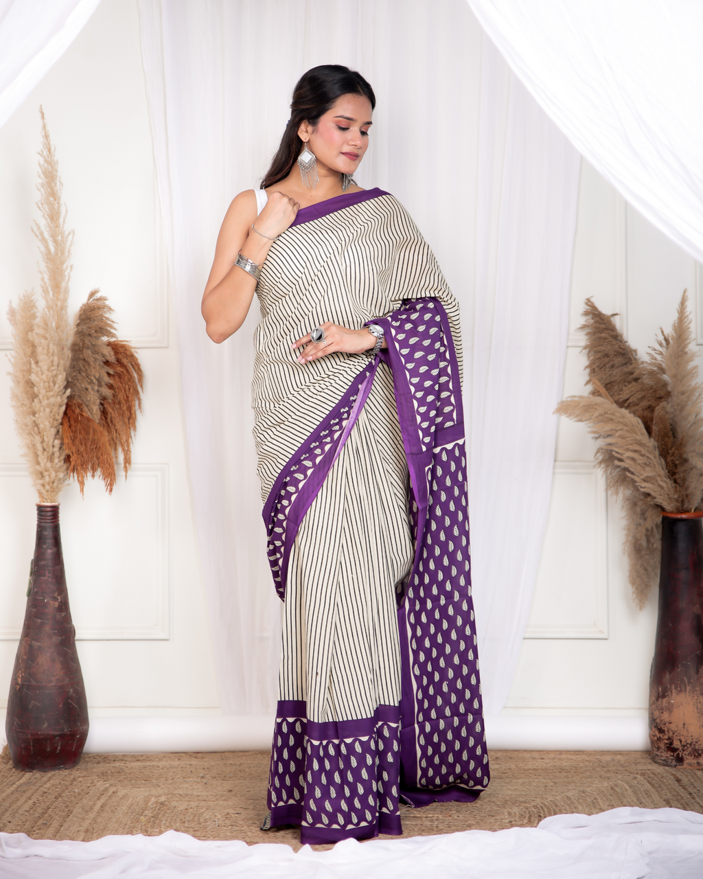 Grey Purple Striped Mulmul Saree
