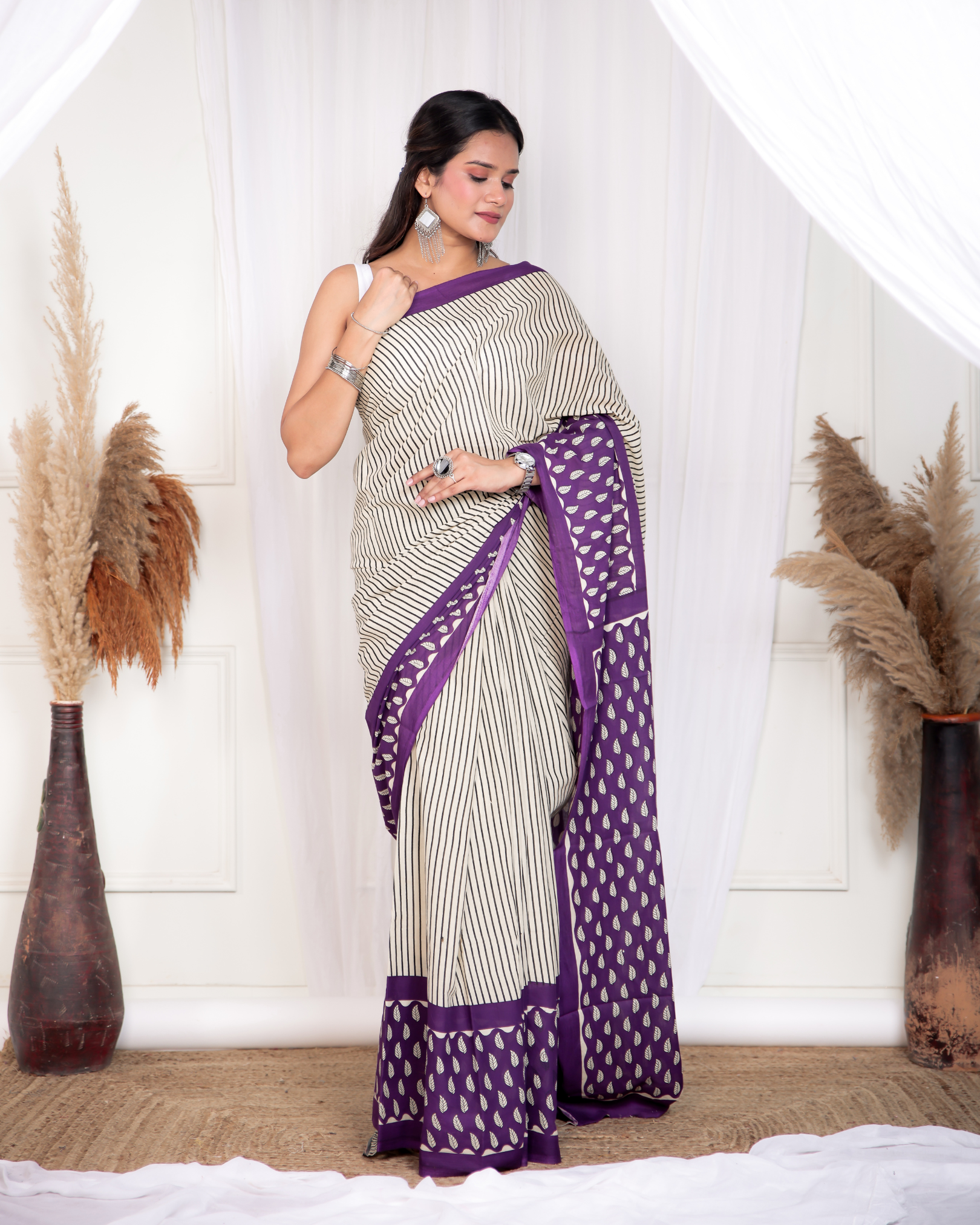 Grey Purple Striped Mulmul Saree