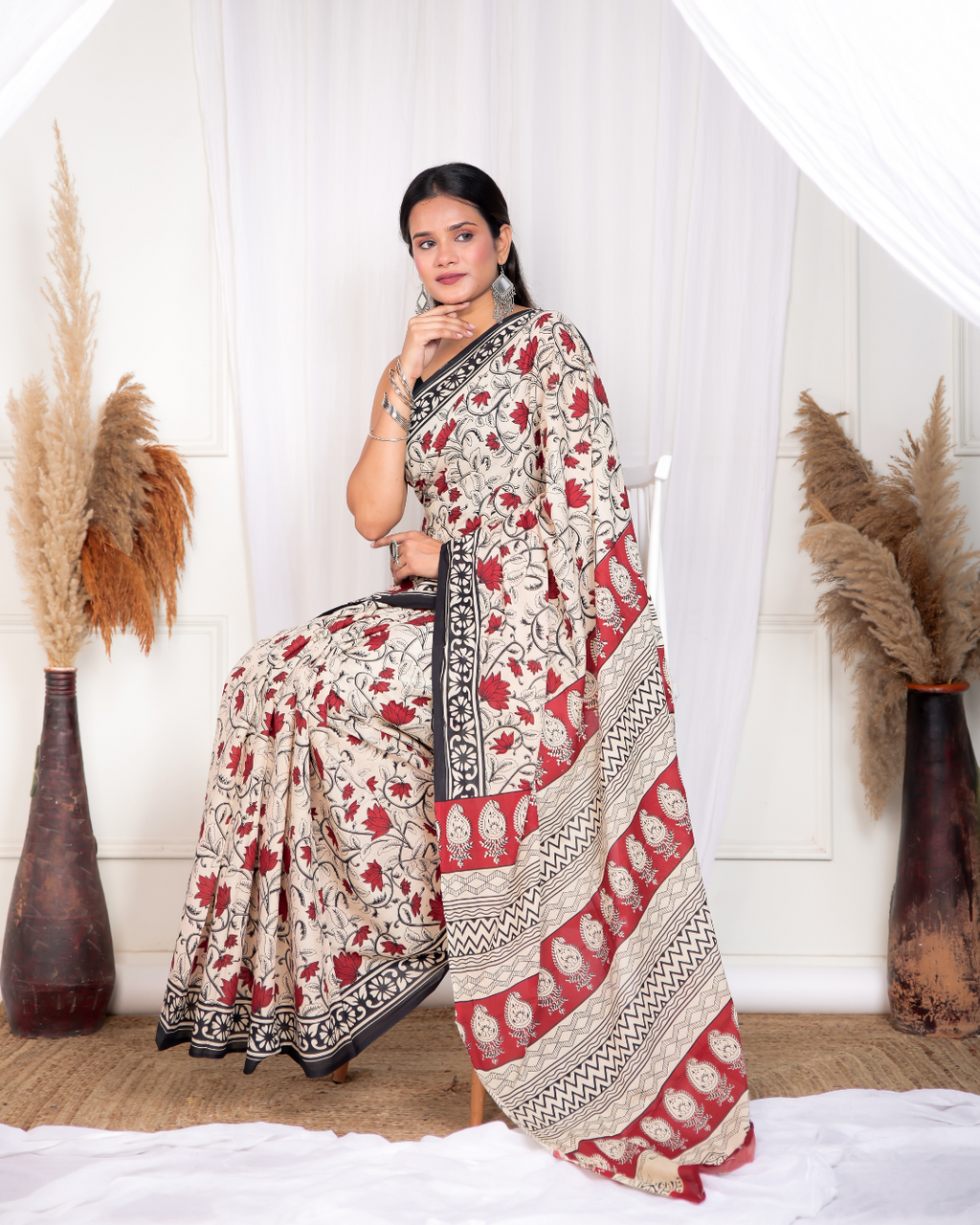 Red Petal Blockprinted Mulmul Saree