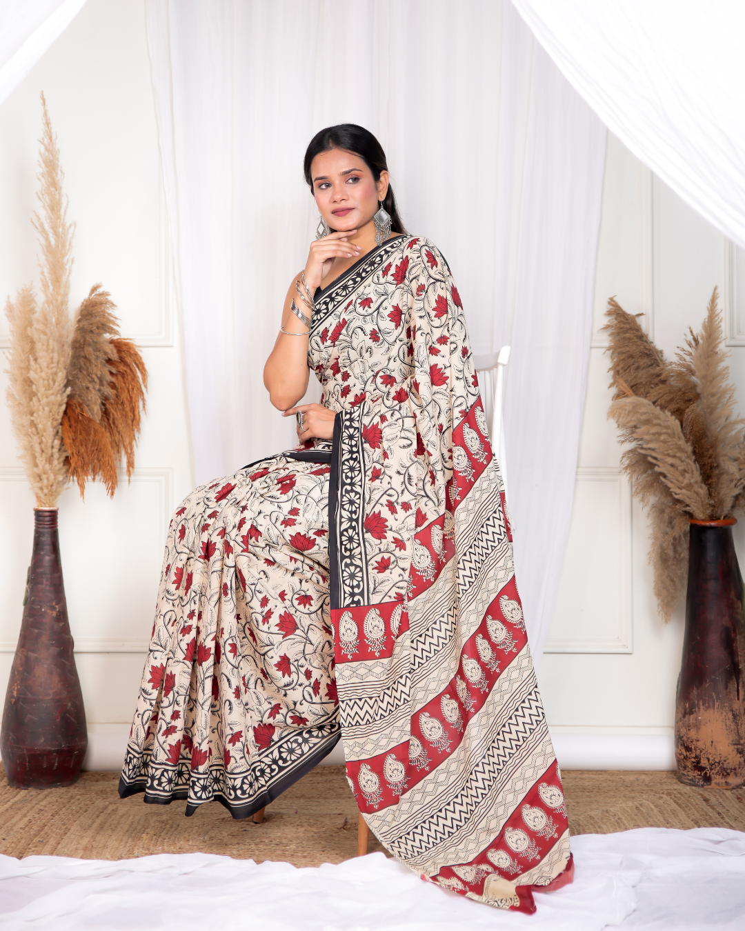 Red Petal Blockprinted Mulmul Saree