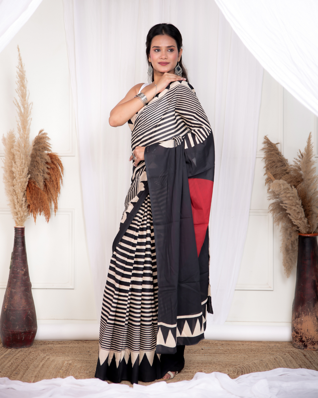 Black Striped Blockpinted Mulmul Saree