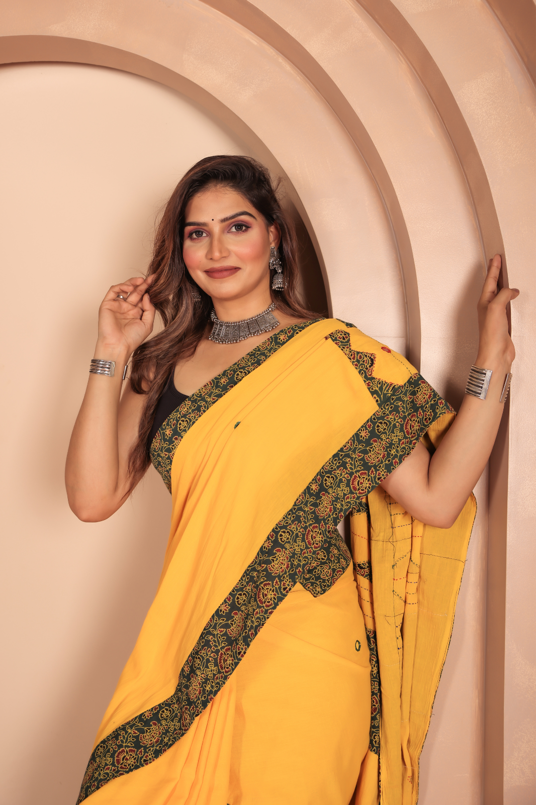 Cotton Applique work saree in yellow and black