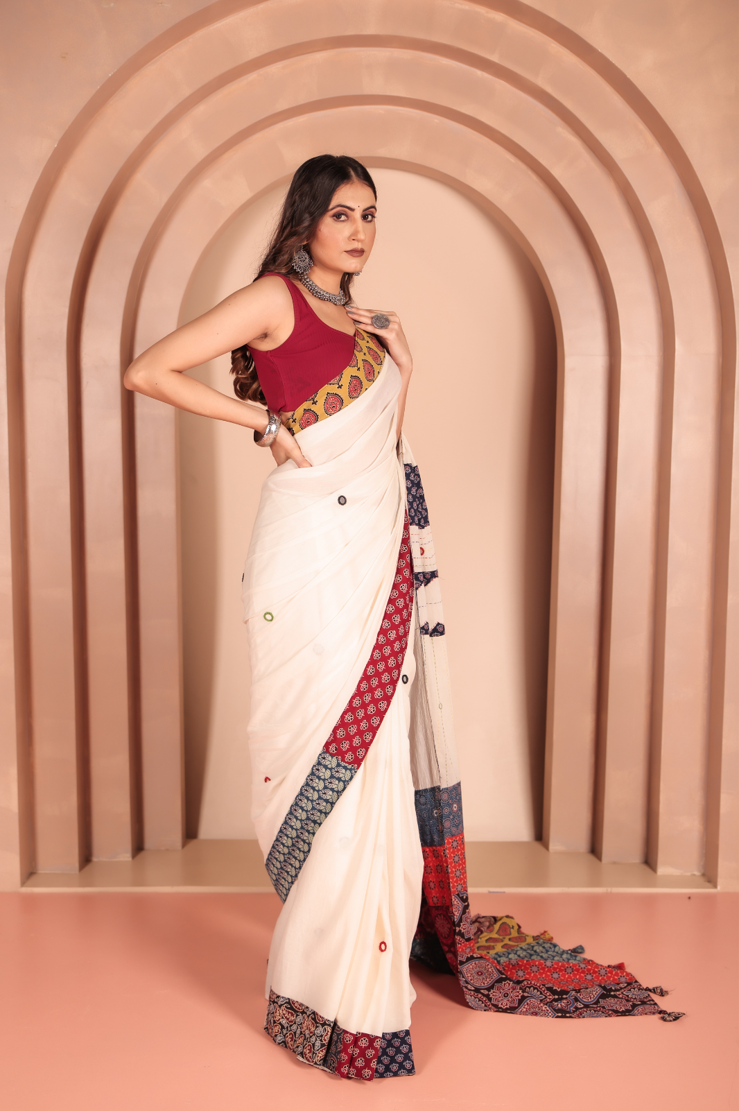 Cotton Applique work saree white