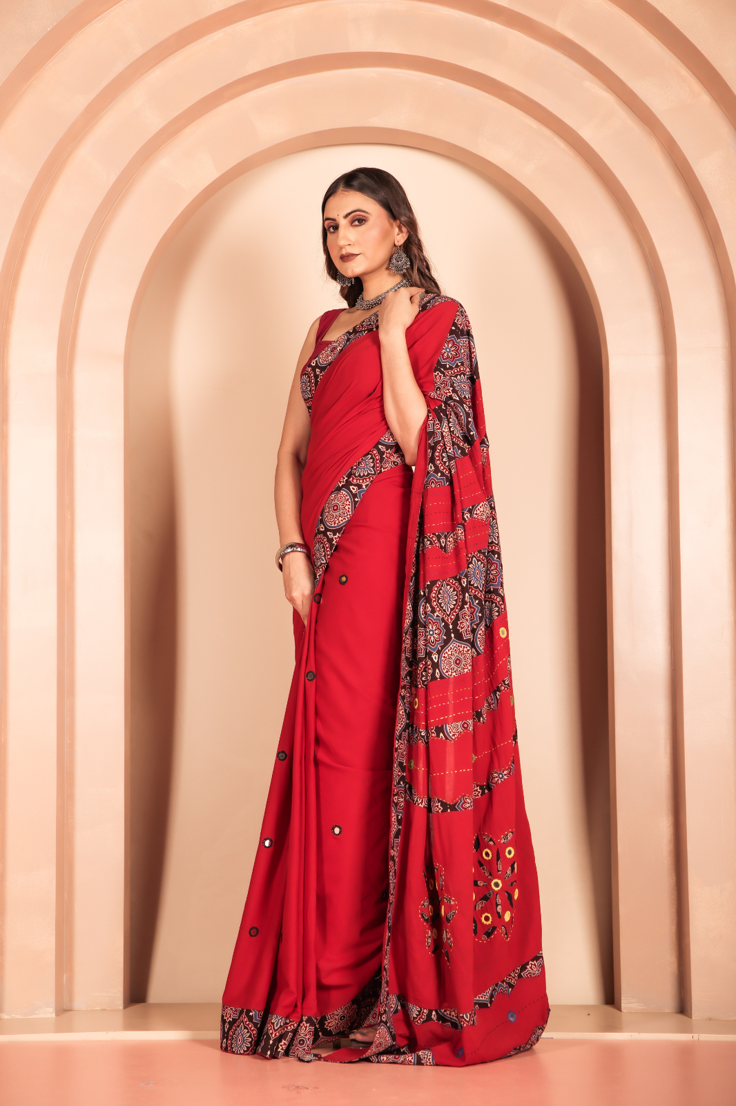 Cotton Applique work saree red