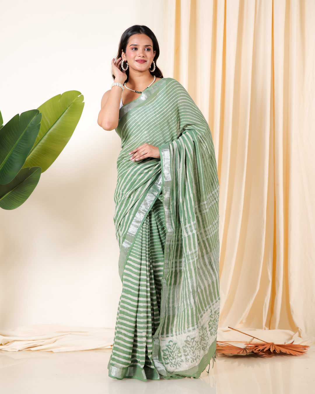 Serene Striped Green Saree