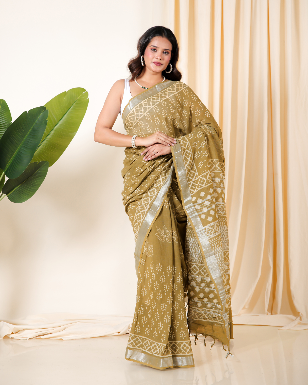 Earthy Olive Dabu Block Print Saree