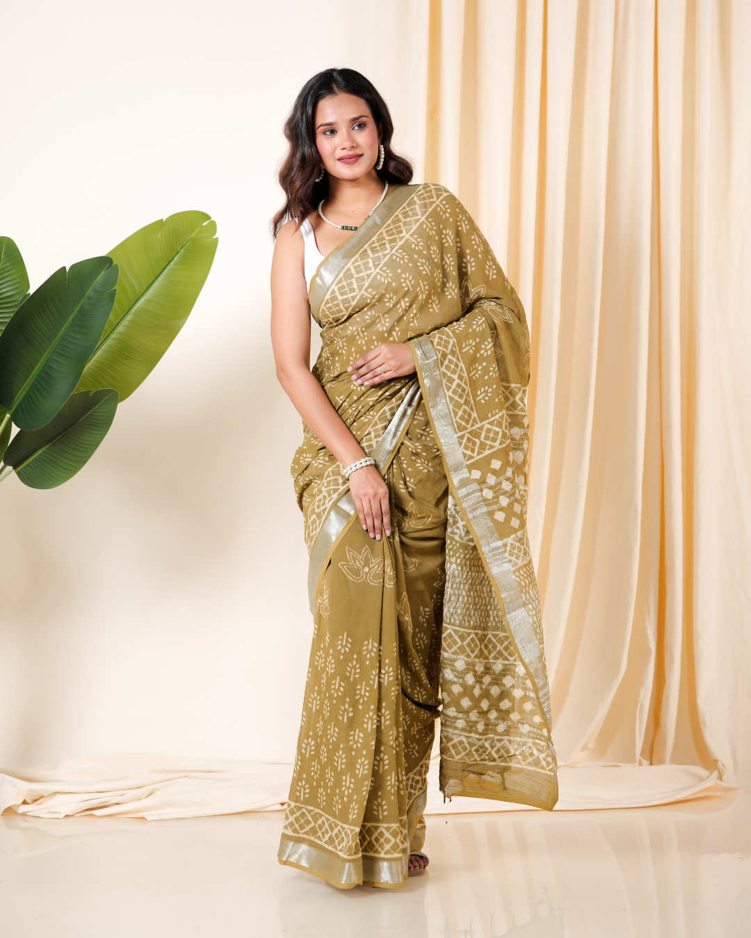 Earthy Olive Dabu Block Print Saree
