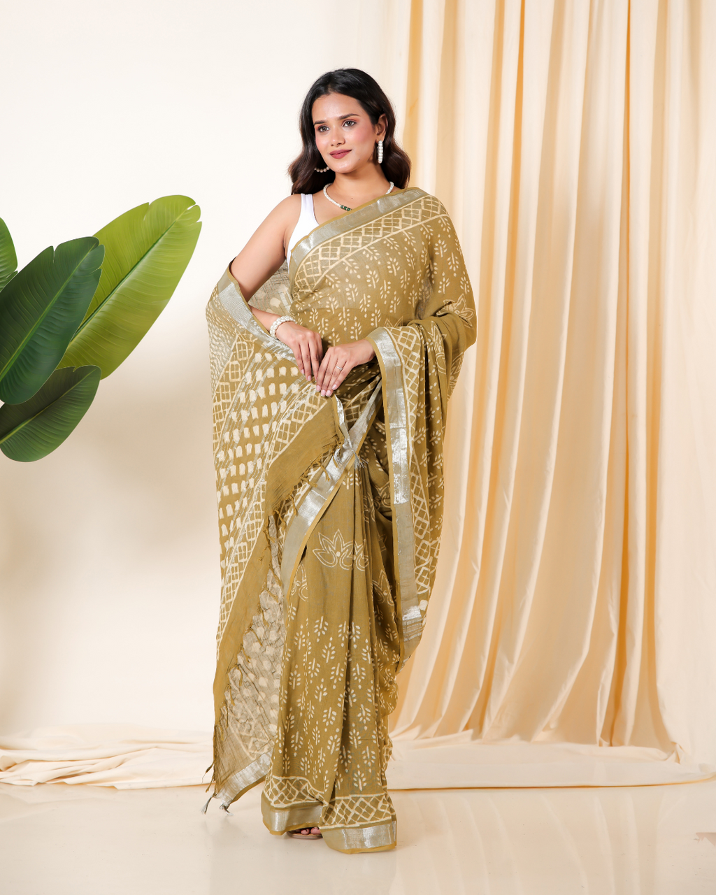 Earthy Olive Dabu Block Print Saree