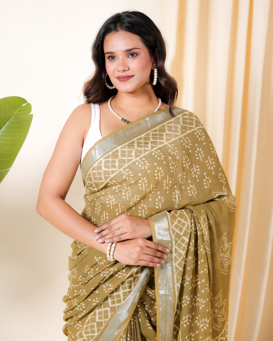 Earthy Olive Dabu Block Print Saree
