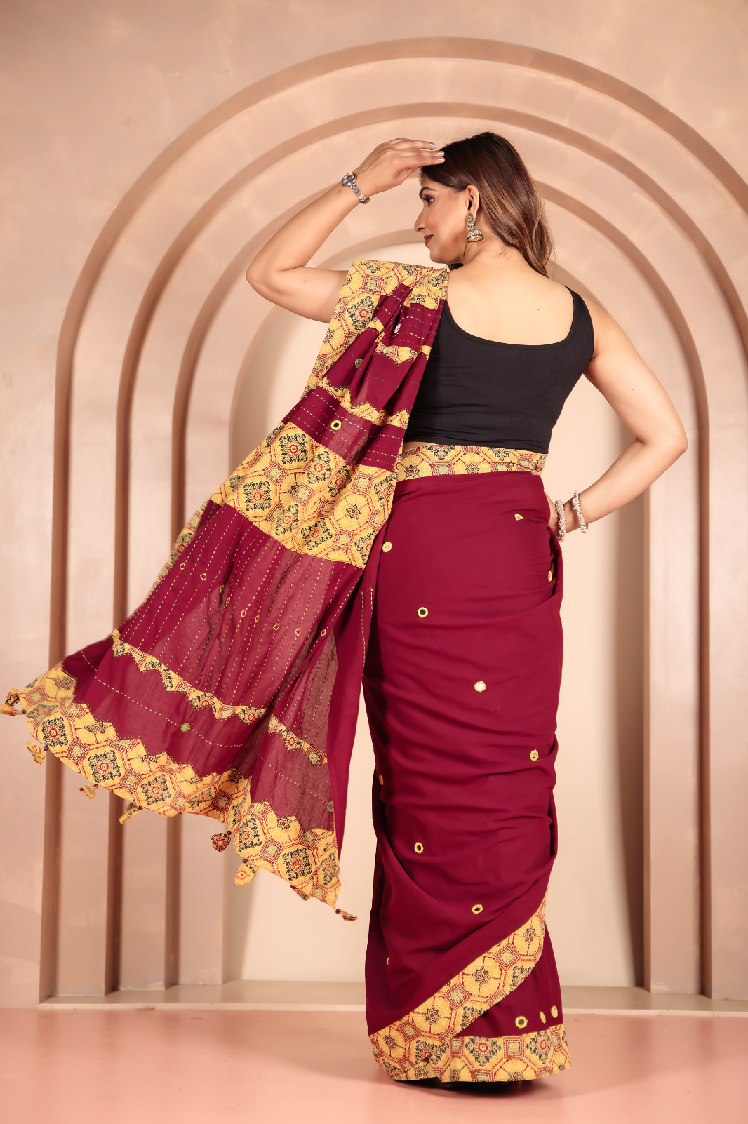 Cotton Applique work saree in Maroon Golden