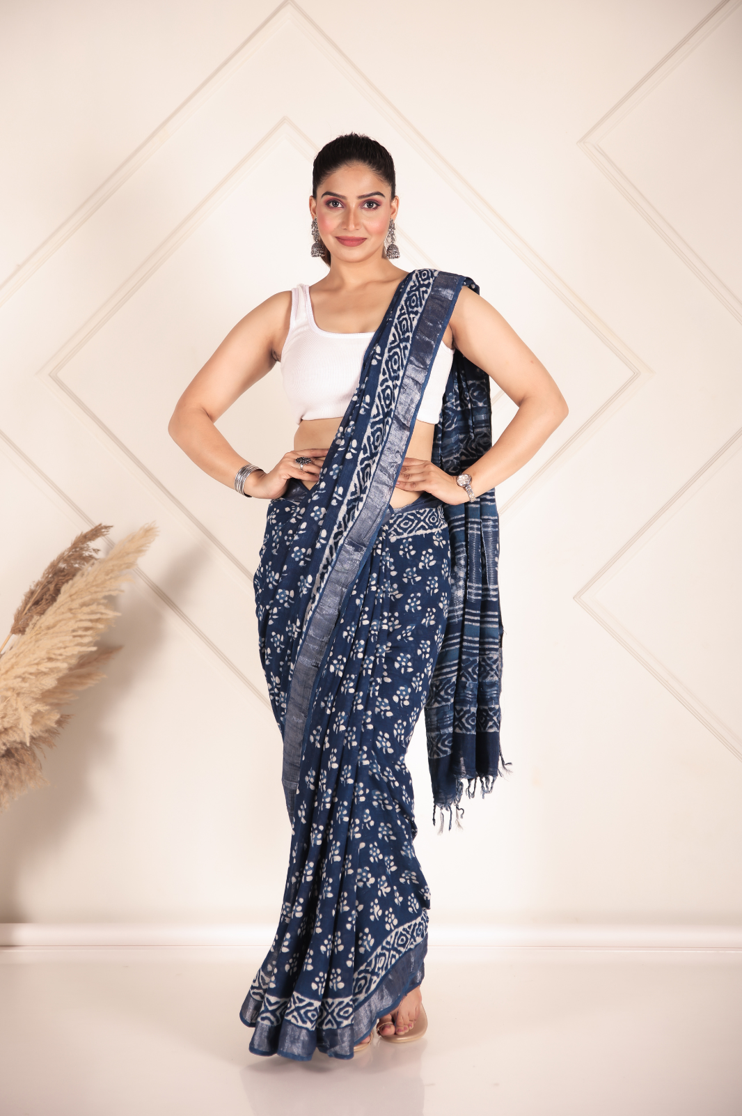 Indigo Flame Linen Cotton Saree