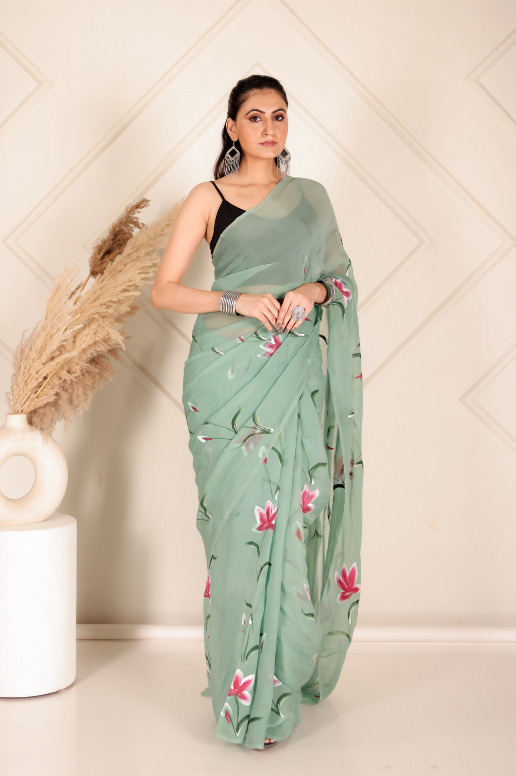 Organza Light green & Pink Flower