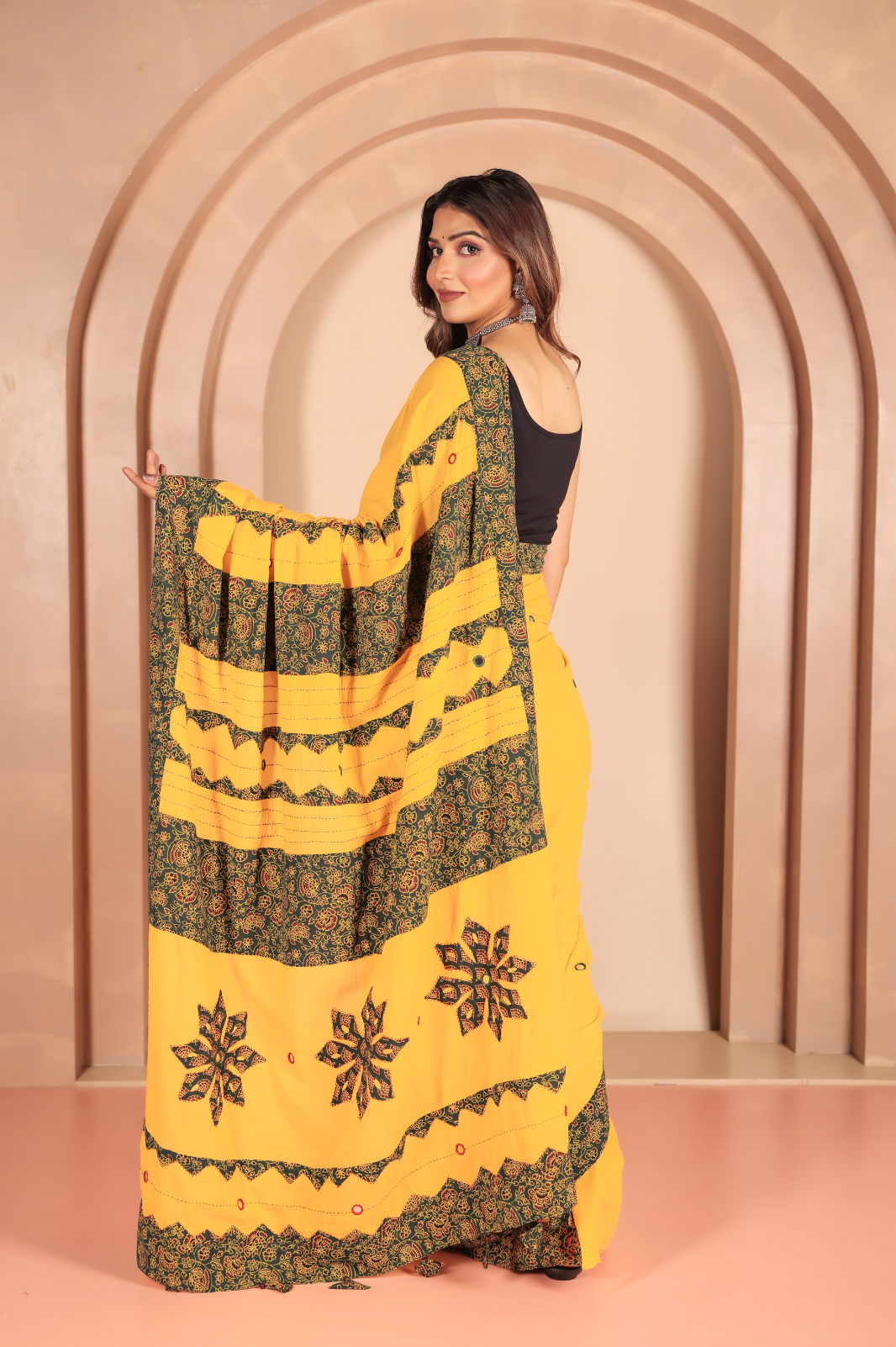 Cotton Applique work saree in yellow and black