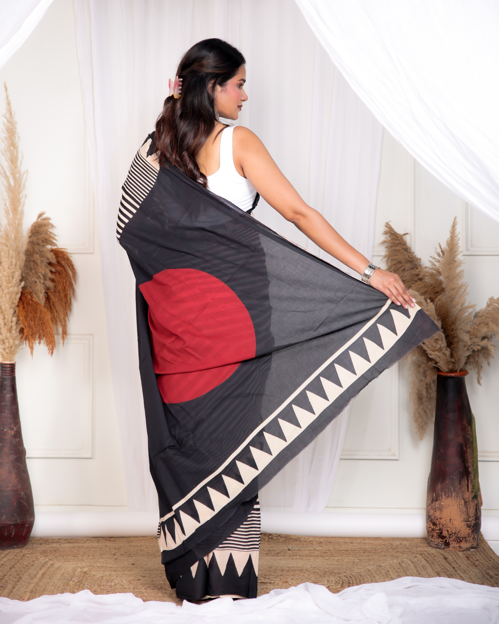 Black Striped Blockpinted Mulmul Saree