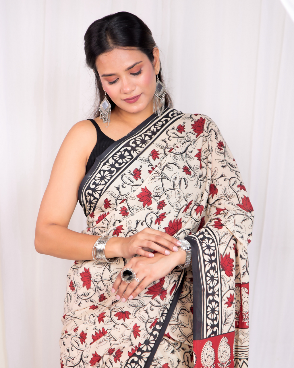 Red Petal Blockprinted Mulmul Saree