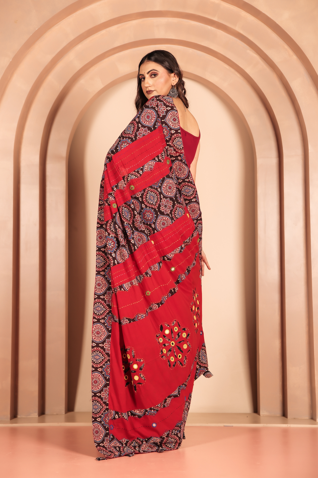 Cotton Applique work saree red