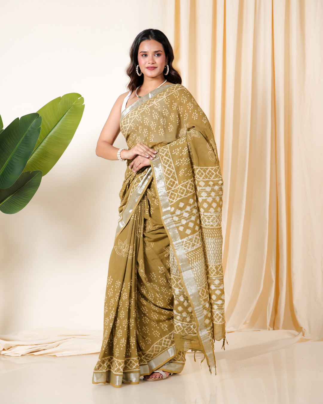 Earthy Olive Dabu Block Print Saree