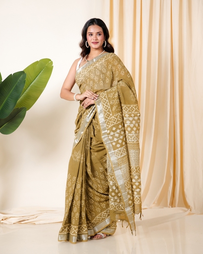 Earthy Olive Dabu Block Print Saree