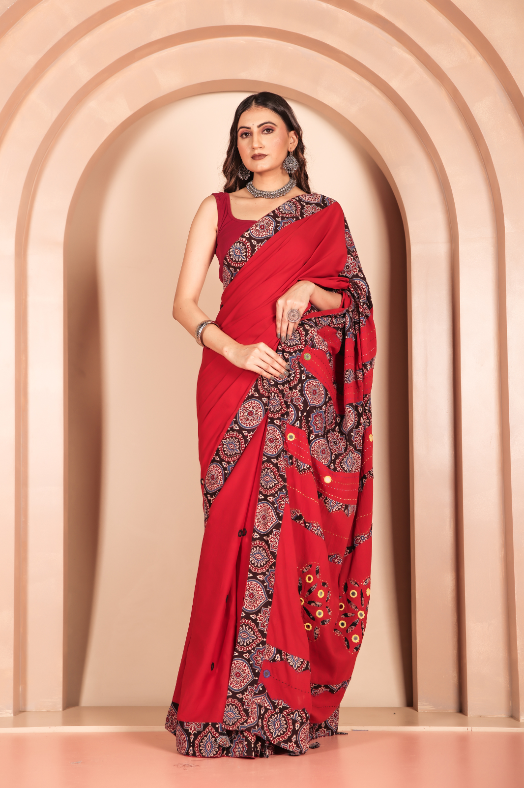 Cotton Applique work saree red