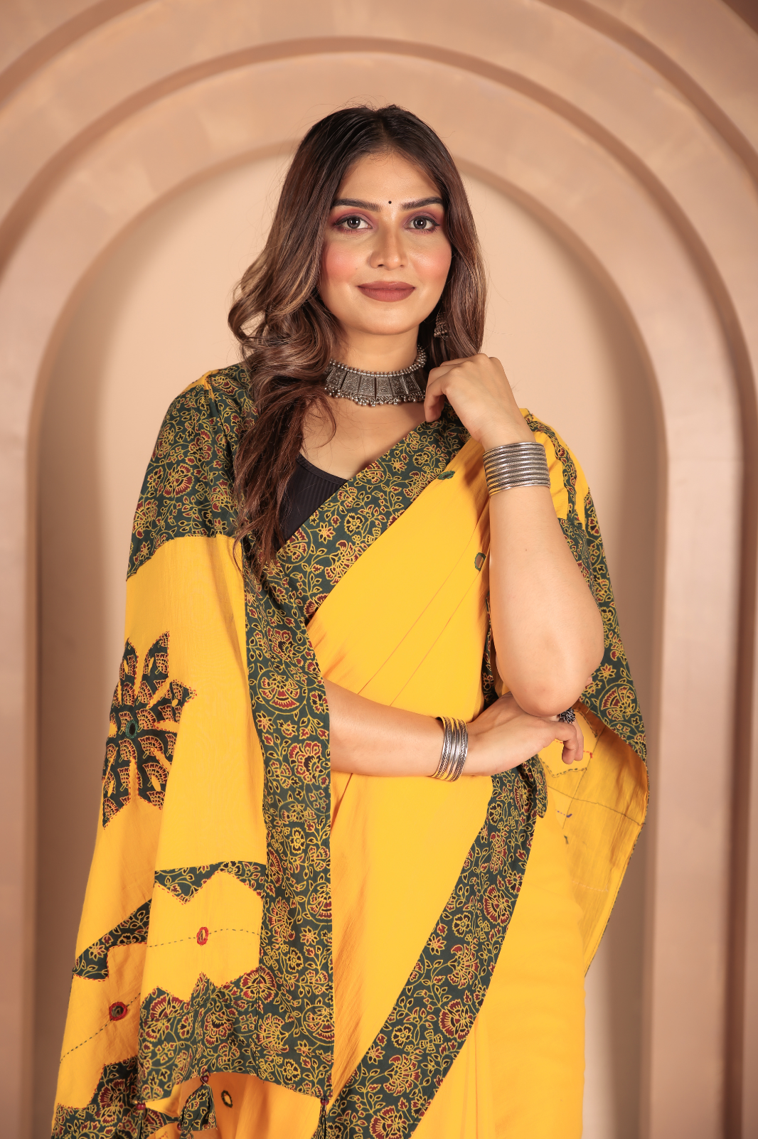 Cotton Applique work saree in yellow and black