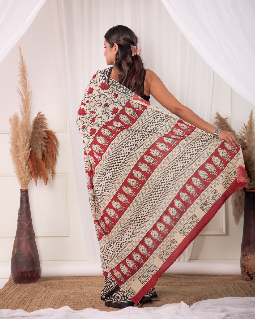Red Petal Blockprinted Mulmul Saree