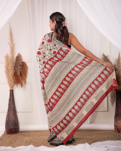 Mudran Red Petal Blockprinted Mulmul Saree