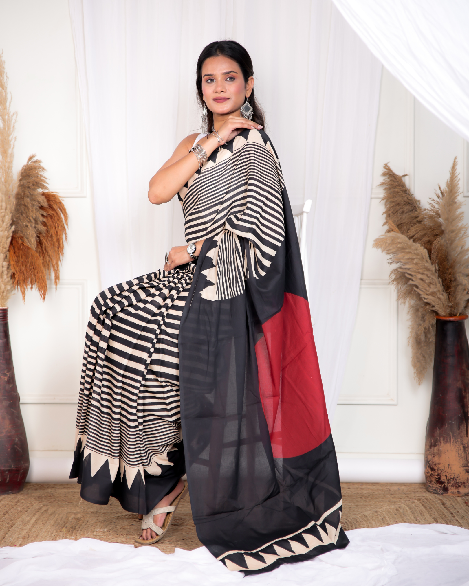 Black Striped Blockpinted Mulmul Saree
