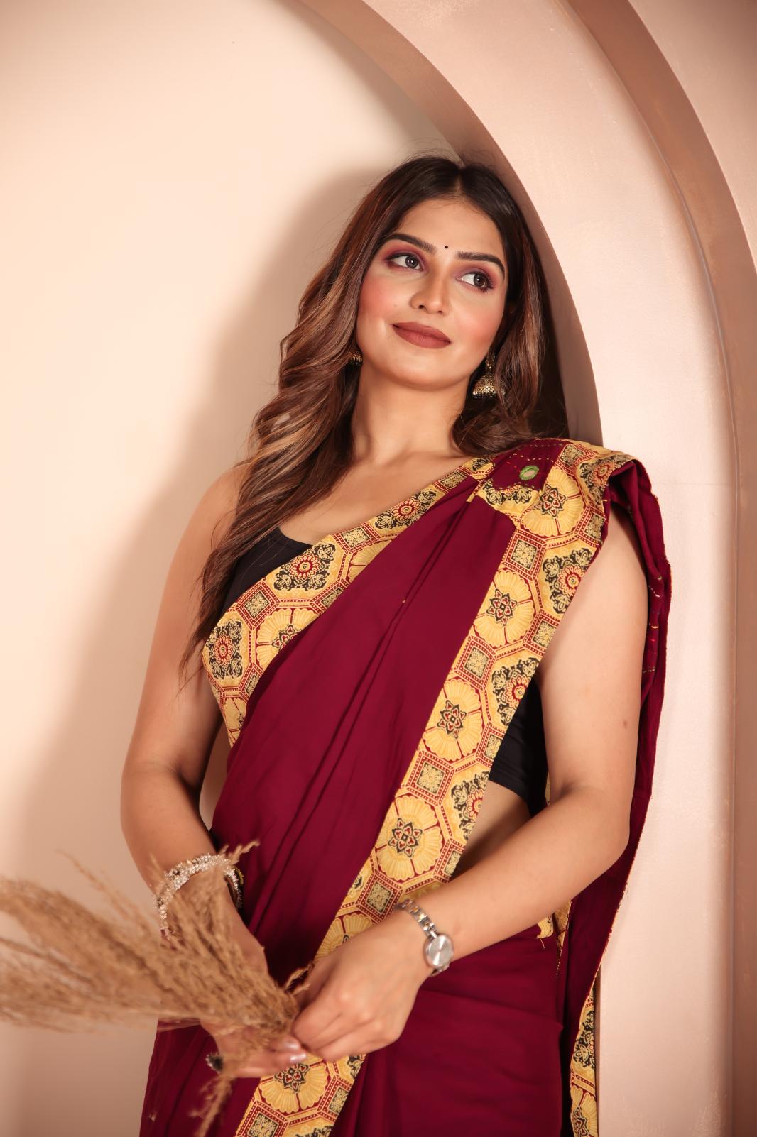 Cotton Applique work saree in Maroon Golden