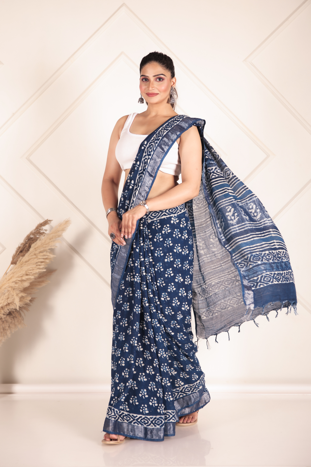 Indigo Flame Linen Cotton Saree