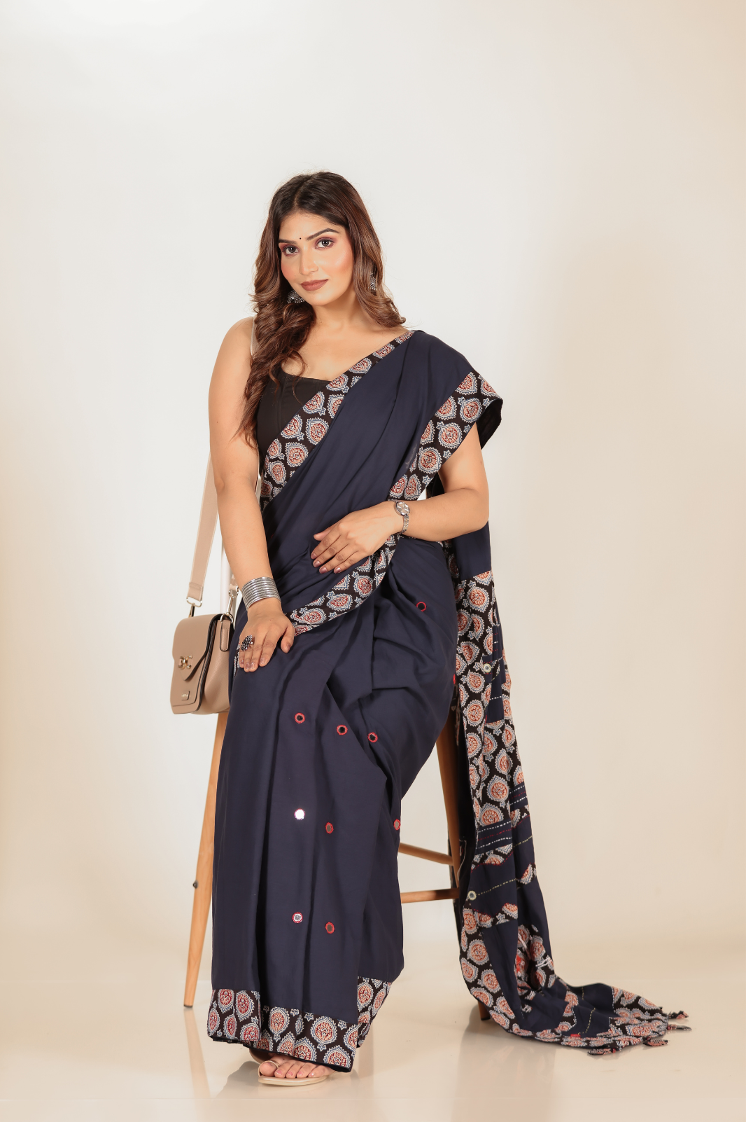 Navy Blue saree features intricate cotton applique work