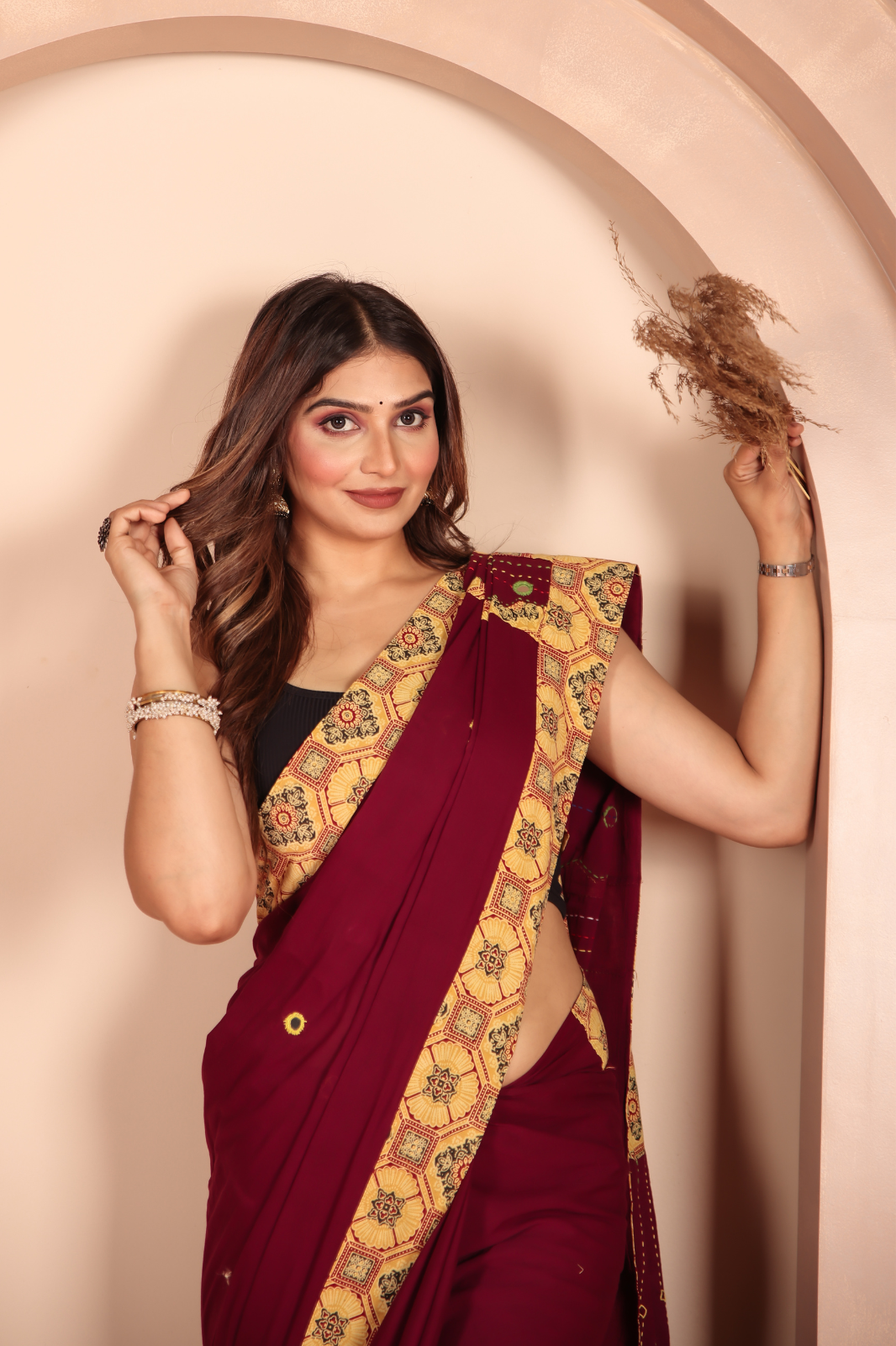 Cotton Applique work saree in Maroon Golden