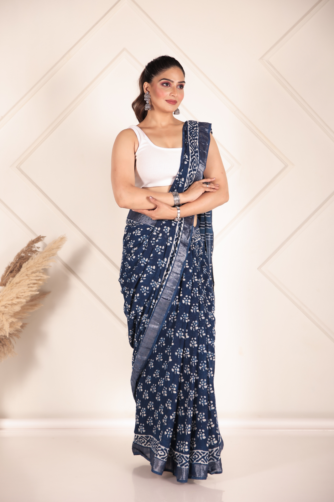 Indigo Flame Linen Cotton Saree