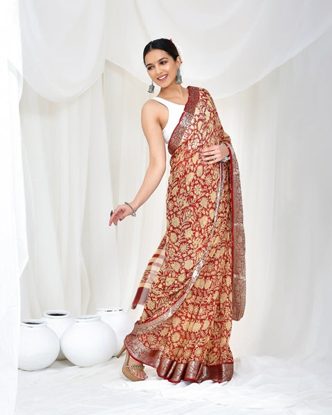 Mocha Mirage Blockprint Saree