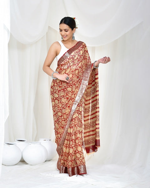 Mocha Mirage Blockprint Saree