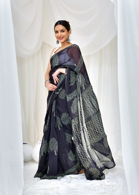 Monochrome Bloom Saree