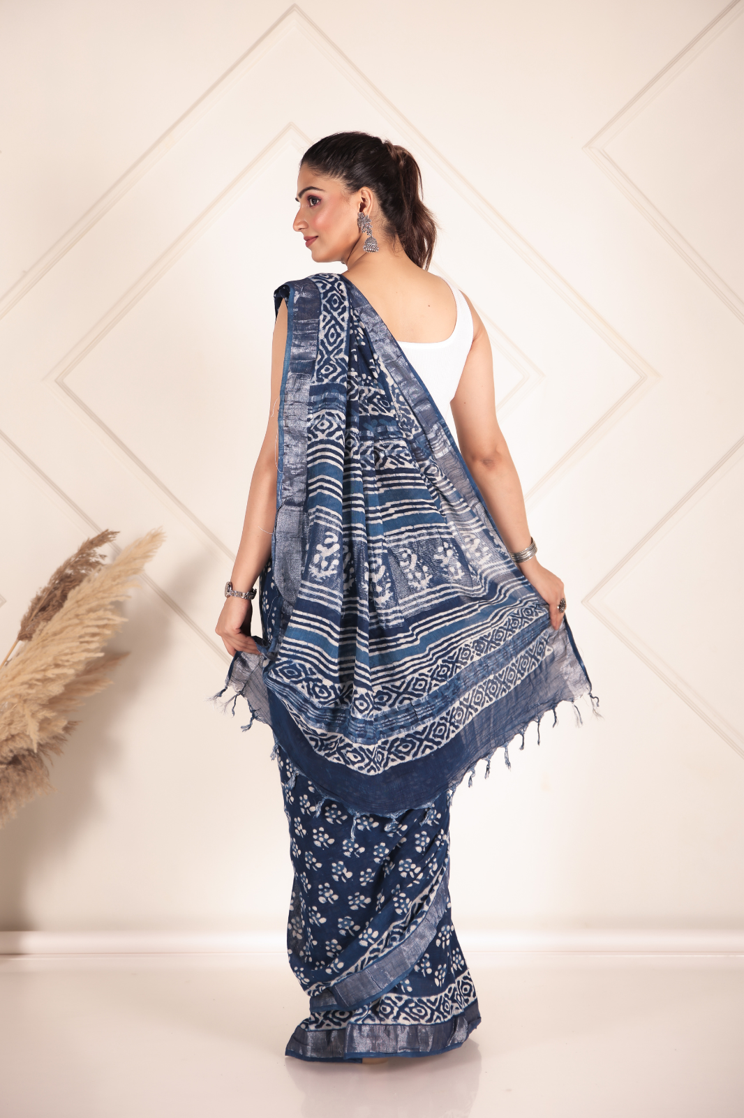 Indigo Flame Linen Cotton Saree