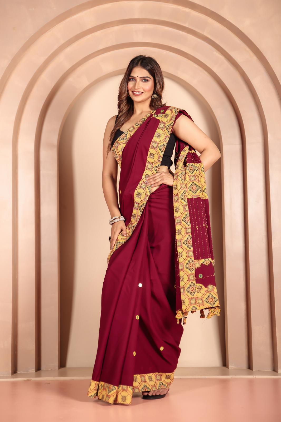 Cotton Applique work saree in Maroon Golden