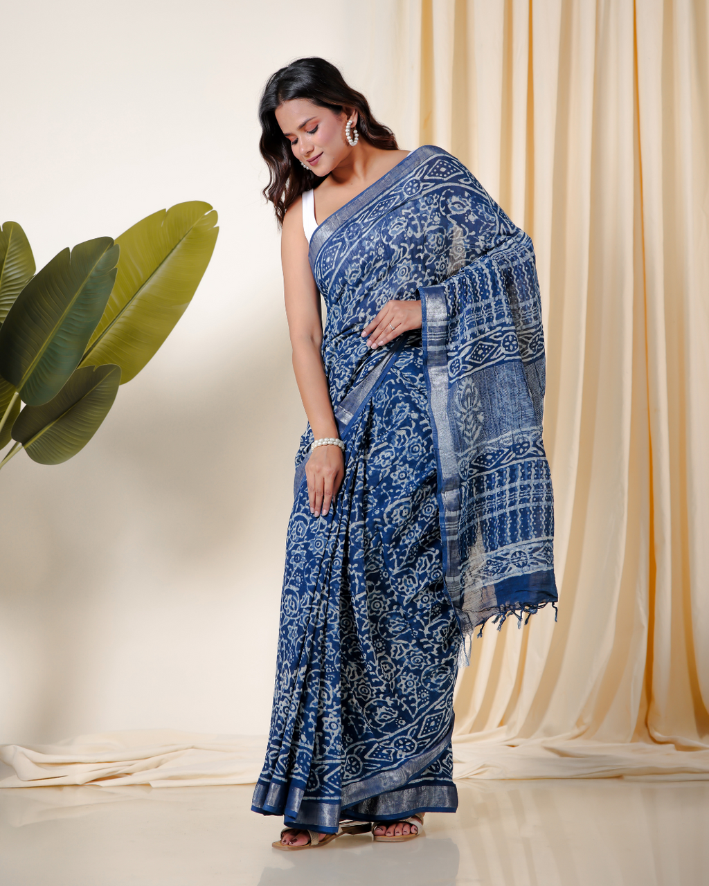 Floral Indigo Dabu Hand Block Saree
