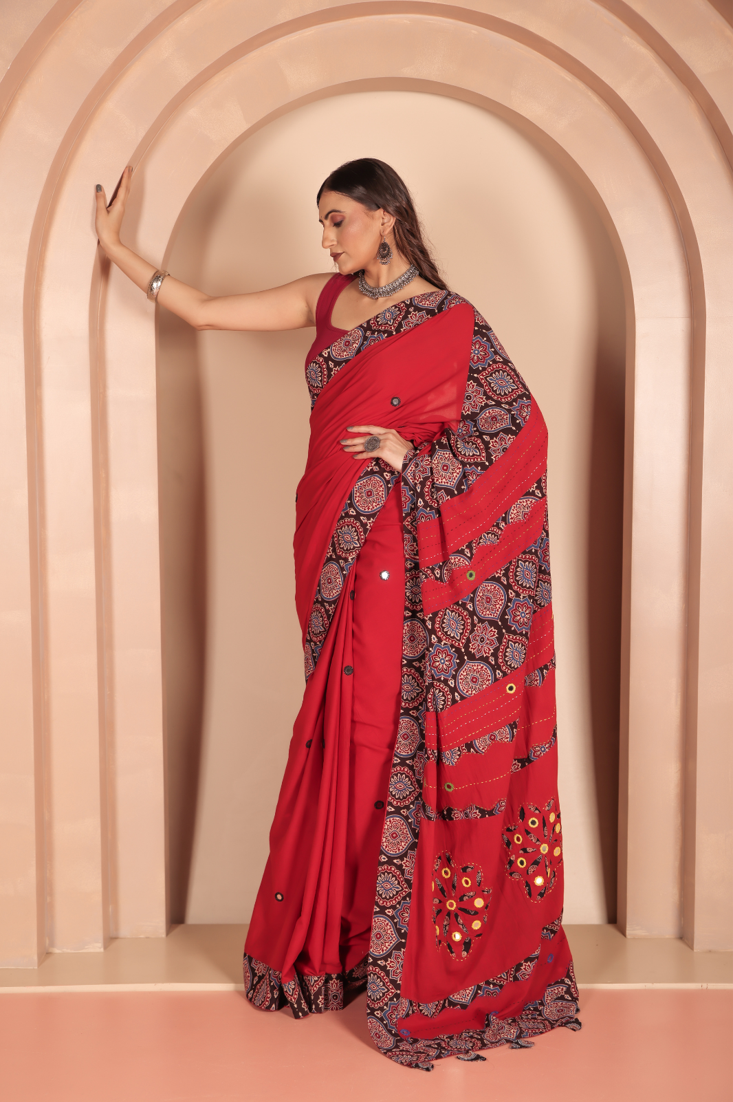 Cotton Applique work saree red